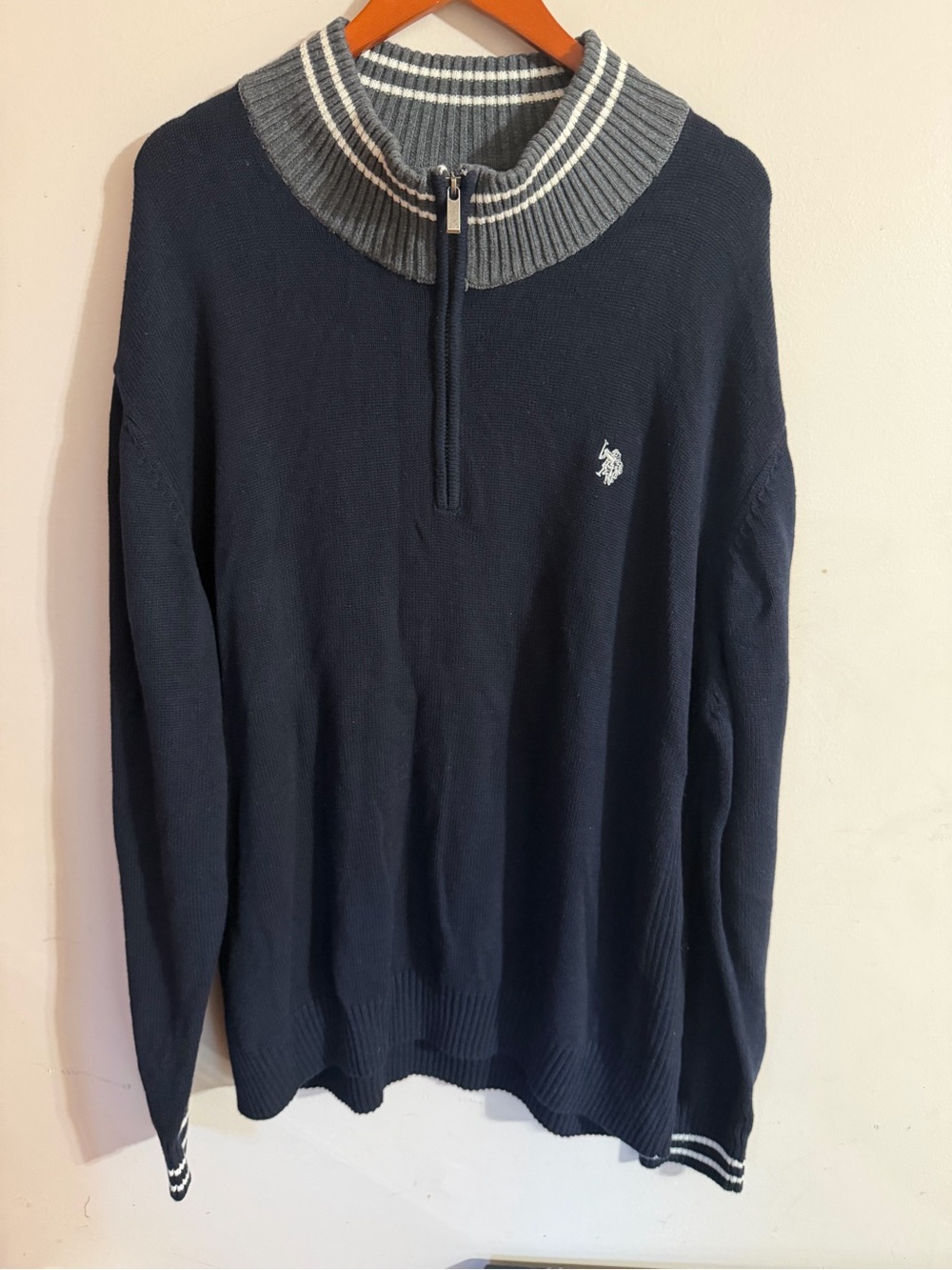 U.S. Polo Assn. Navy Zip Mock Neck Sweater with Gray & White Trim